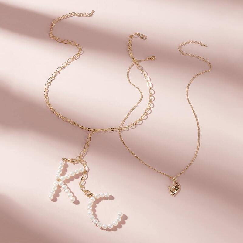 

Faux Pearl Letter Pendant Lariat Necklace 2pcs, Gold