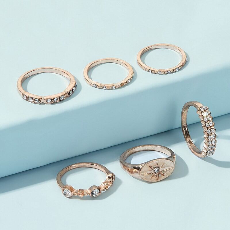 

Rhinestone Engraved Ring 6pcs, Silver