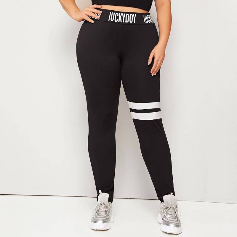 

Plus Letter Print Tape Skinny Leggings, Black