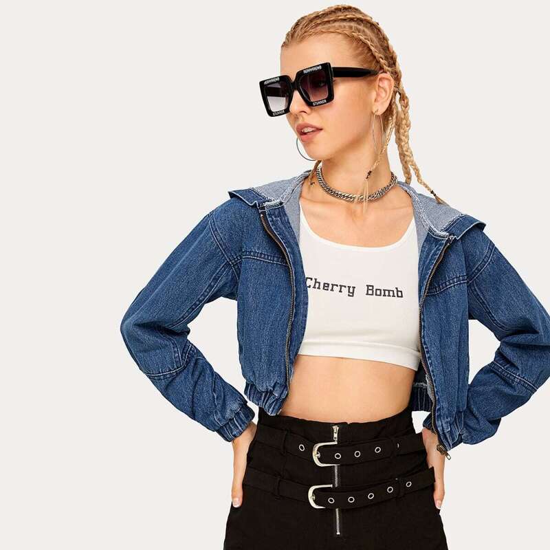 

Zip Up Hooded Denim Jacket, Blue