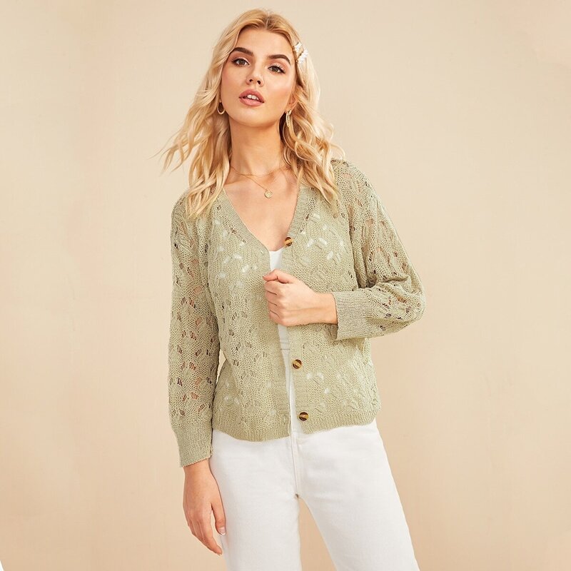 

Buttoned Front Eyelet Cardigan, Green pastel
