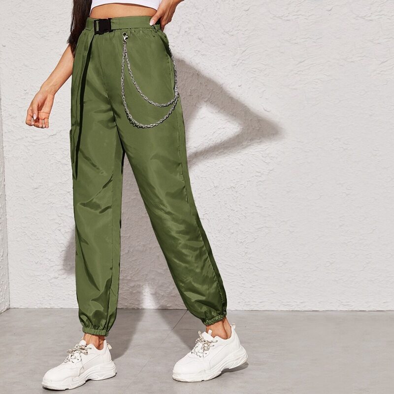 

Chain Detail Push Buckle Wind Pants, Army green