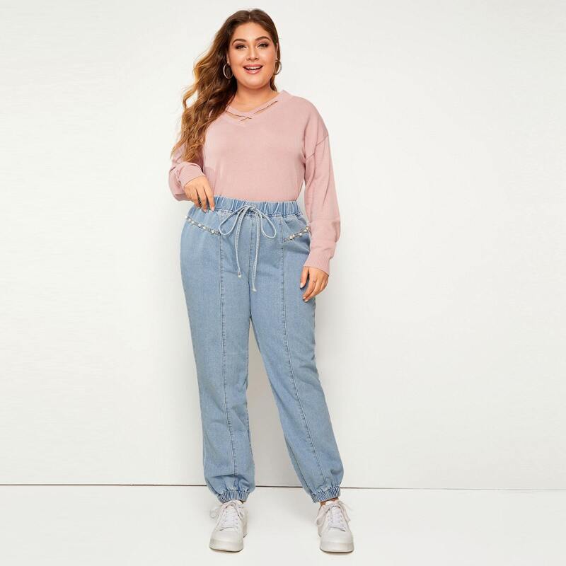 

Plus Beaded Drawstring Waist Jeans, Blue