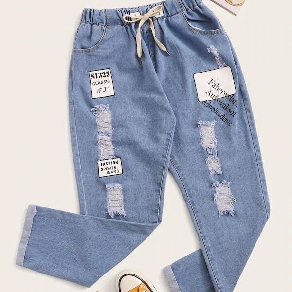 

Plus Ripped Letter Print Drawstring Jeans, Blue