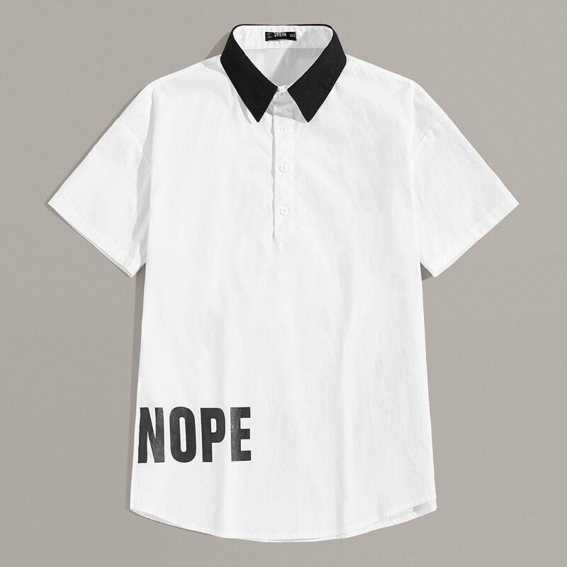 

Guys Contrast Collar Letter Print Shirt, White