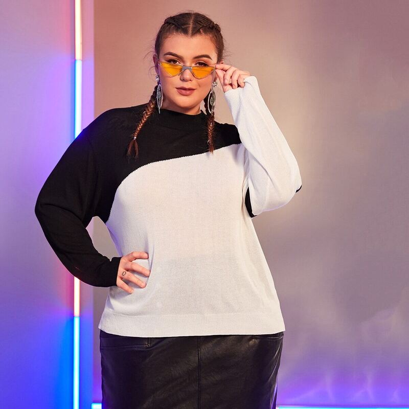 

Plus Cut And Sew Drop Shoulder Sweater, Black and white