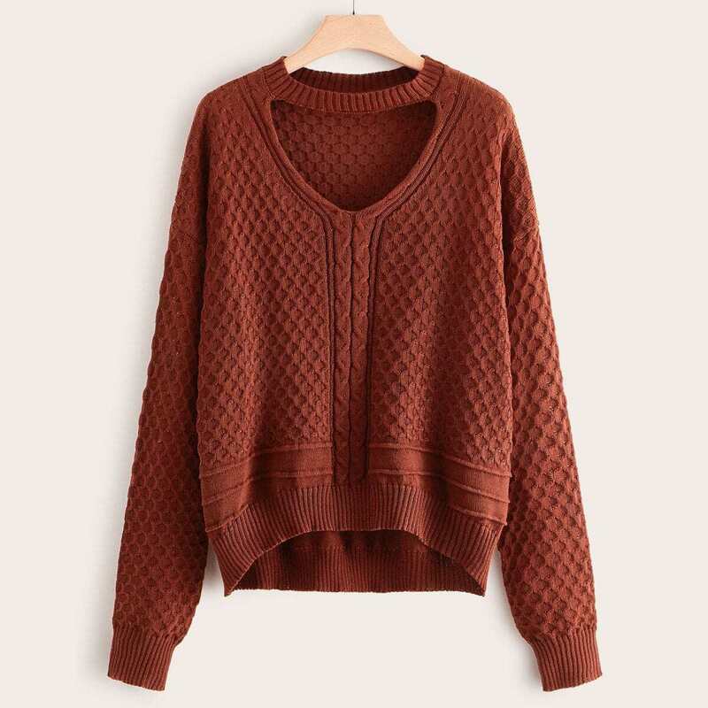 

Plus Peekaboo Front Drop Shoulder Sweater, Brown
