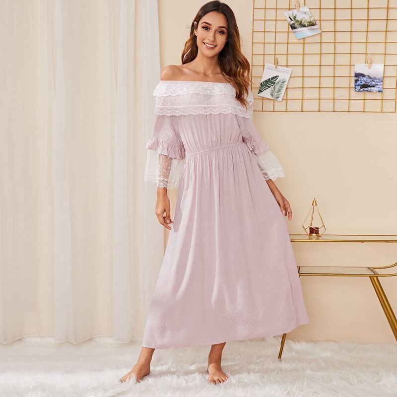 

Floral Lace Dobby Mesh Bardot Night Dress, Pink