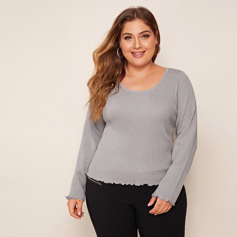 

Plus Solid Lettuce Trim Sweater, Grey