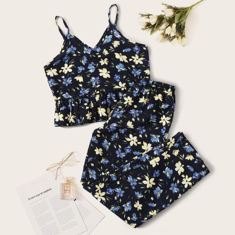 

Floral Print Ruffle Hem Cami Pajama Set, Multicolor