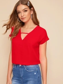 SHEIN LUNE 素色v鏤空領上衣 - 紅色 - 查看 5