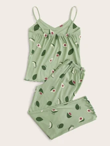 SweetSlumber Avocado Print Lettuce Trim Cami PJ Set / Pajama Set - Mint Green - View 2