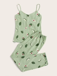 SweetSlumber Avocado Print Lettuce Trim Cami PJ Set / Pajama Set - Mint Green - View 3