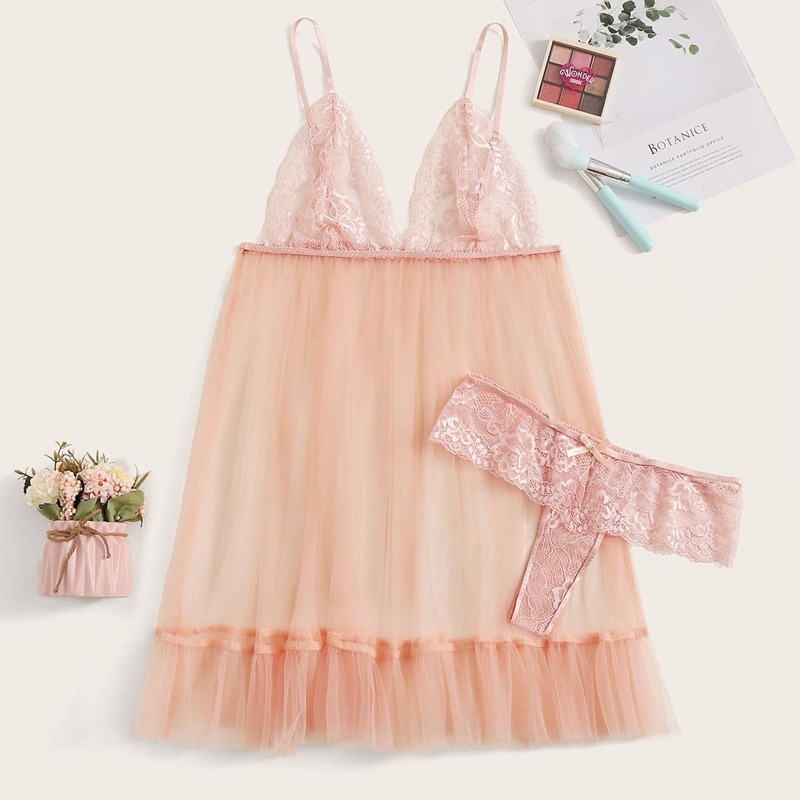 

Floral Lace Mesh Slips With Thong, Pink pastel