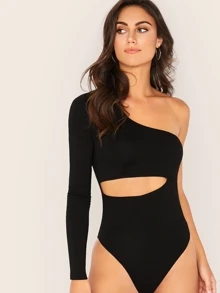 SHEIN BAE One Shoulder Peekaboo Bodysuit - Black - View 1