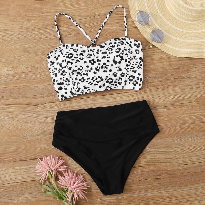 

Dalmation Print Lace Up Back Bikini Set, Black and white