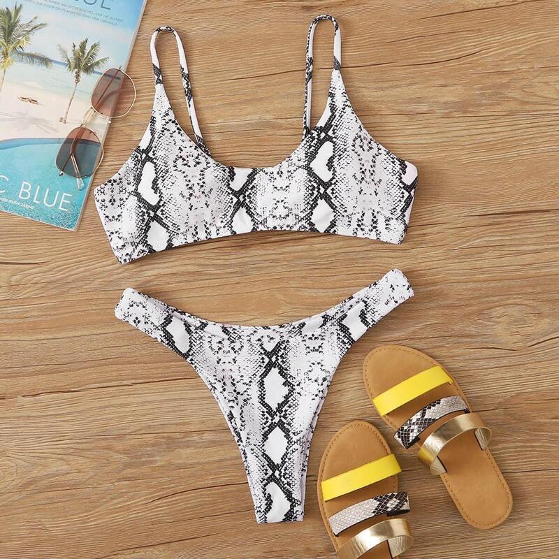 

Snakeskin Top With High Cut Bikini Set, Black and white