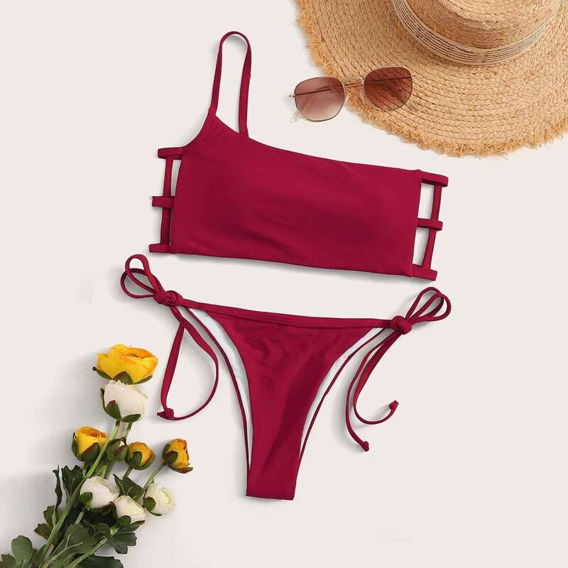 

Cut-out One Shoulder Top With Tie Side Bikini, Red