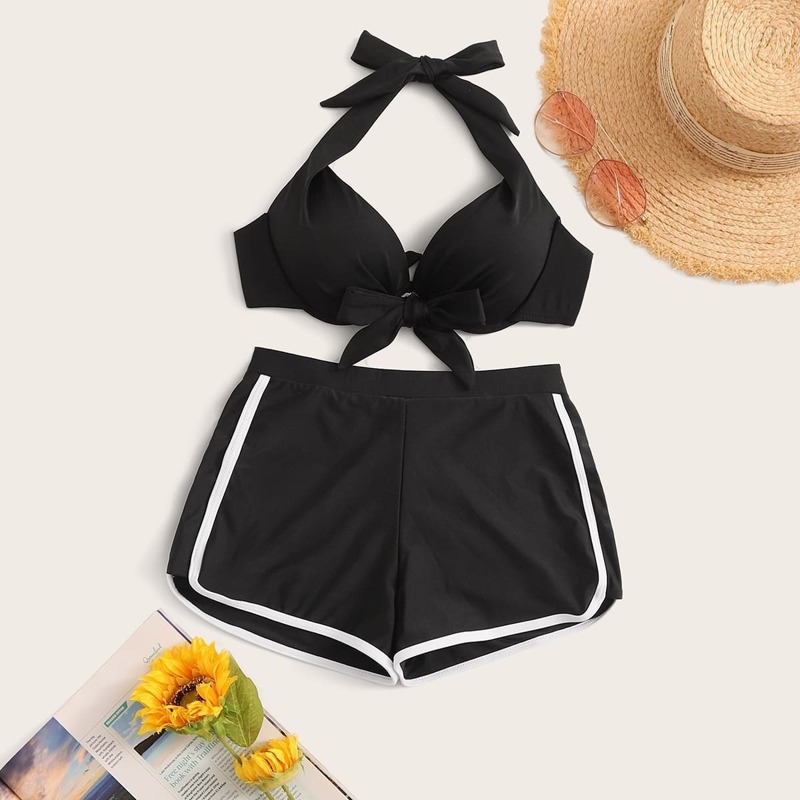 

Knot Front Halter Top With Shorts 2piece Swim, Black