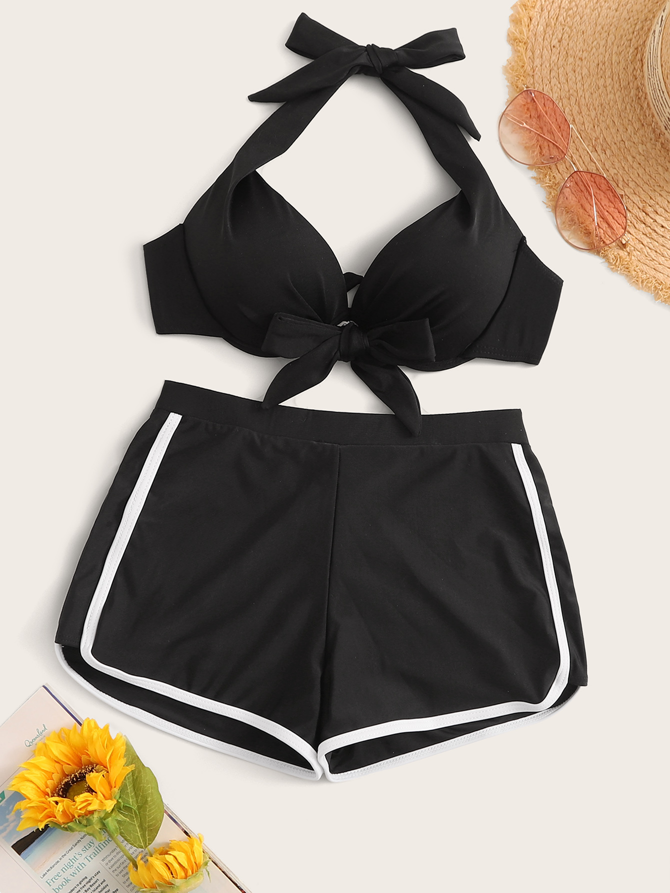 knot front halter top with shorts 2piece swim