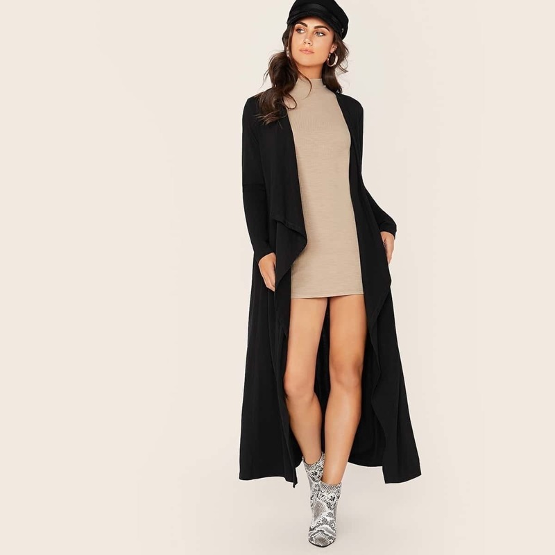 

Solid Waterfall Neck Longline Coat, Black