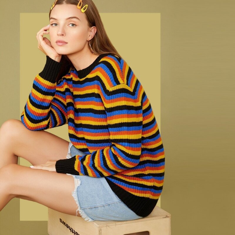 

Drop Shoulder Striped Sweater, Multicolor