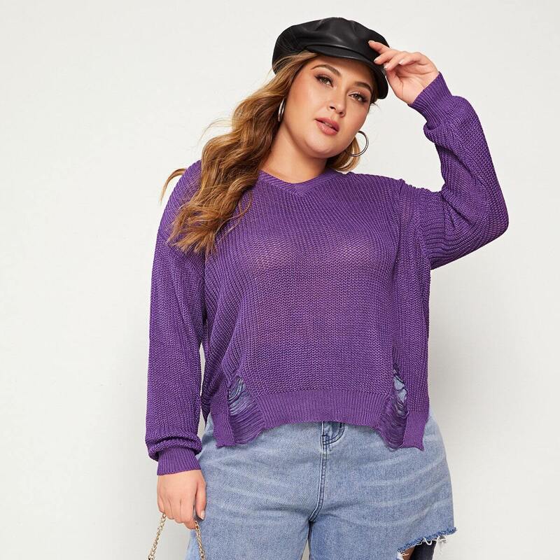 

Plus Ripped Slit Side Sweater, Purple