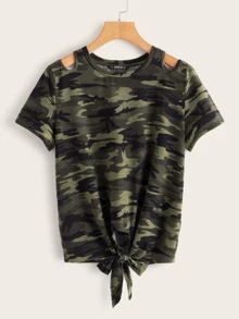 SHEIN EZwear Tank top con estampado de camuflaje bajo con nudo de hombro con abertura