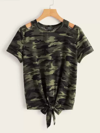 SHEIN EZwear Camo Print Cutout Shoulder Self-Tie Tee