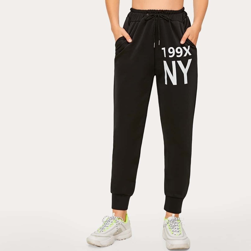 

Letter Print Drawstring Waist Sweatpants, Black