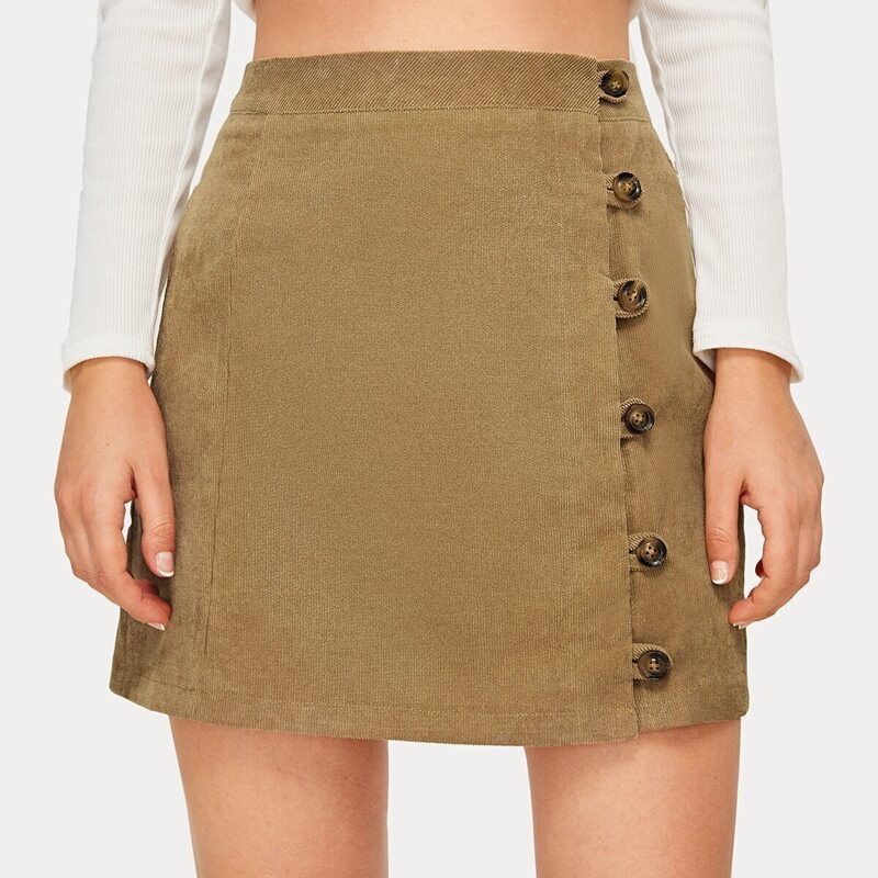 

Solid Button Front Corduroy Skirt, Brown