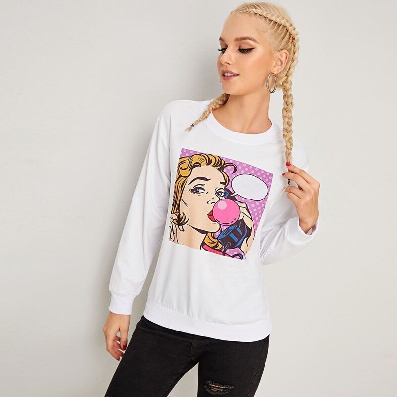 

Comic Print Drop Shoulder Sweatshirt, White