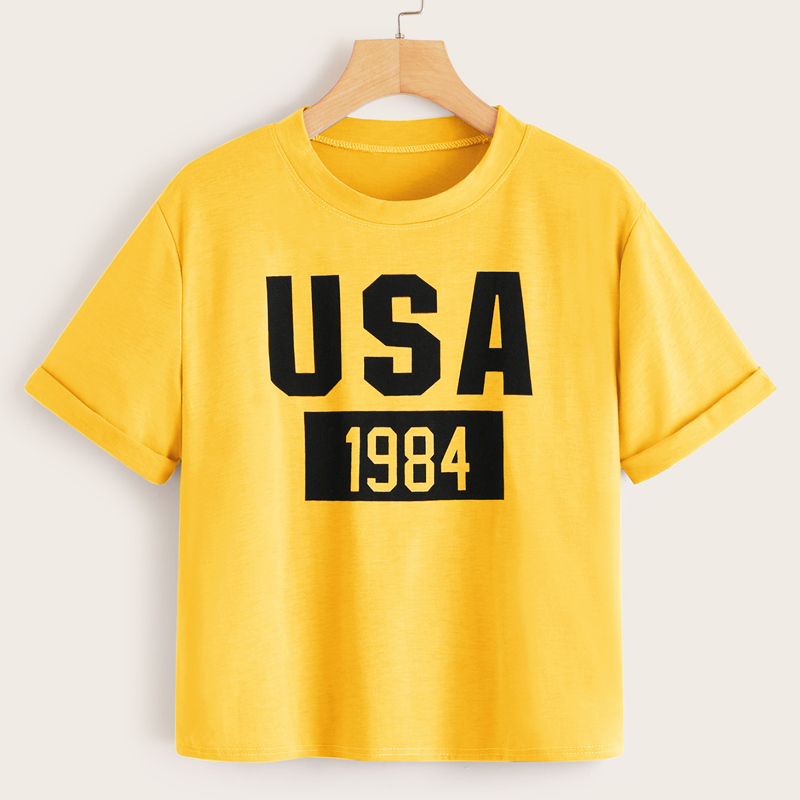 

Letter Print Short Sleeve Tee, Yellow