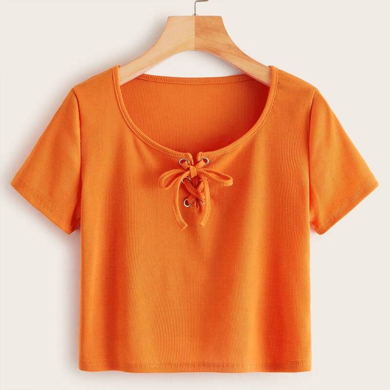 

Solid Lace-up Ribbed Tee, Orange