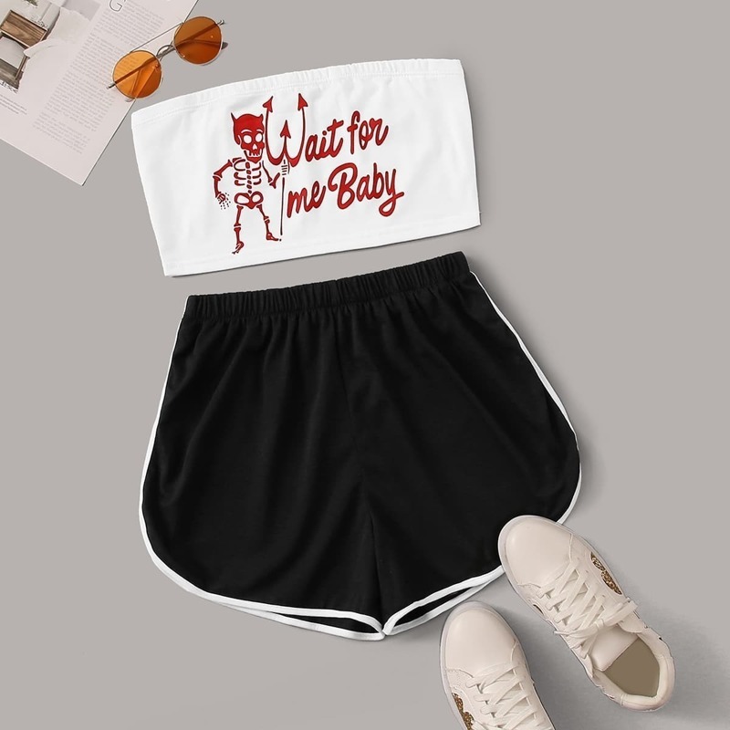 

Letter Print Tube Top & Track Shorts, Black and white