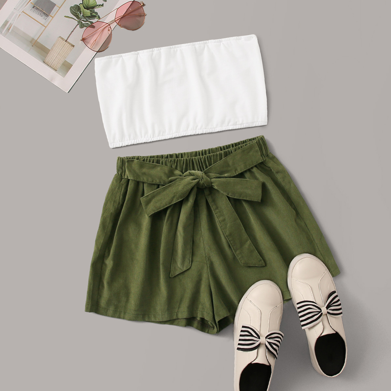 

Solid Tube Top & Tie Front Shorts, Multicolor