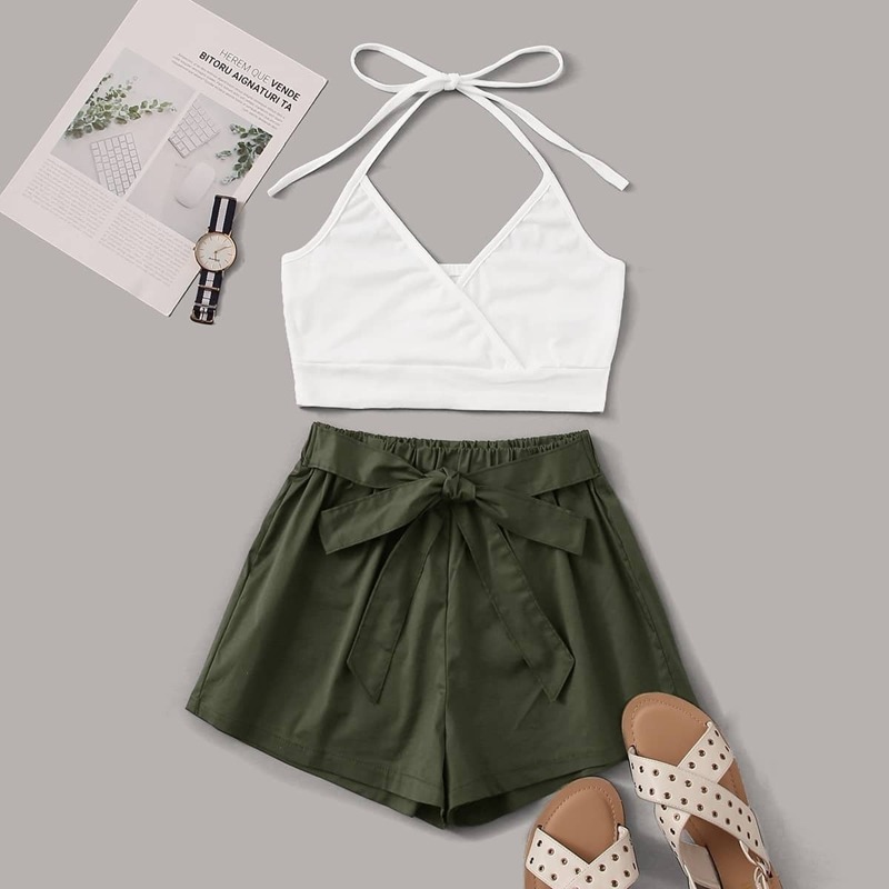 

Solid Halter Top & Tie Front Shorts, Multicolor