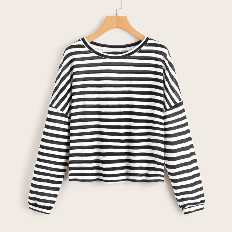 

Striped Drop Shoulder Sweatshirt, Black and white