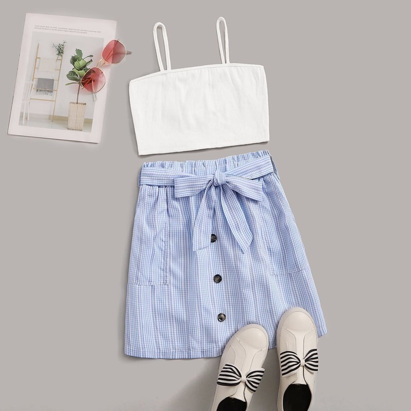 

Solid Cami Top & Gingham Belted Skirt, Multicolor