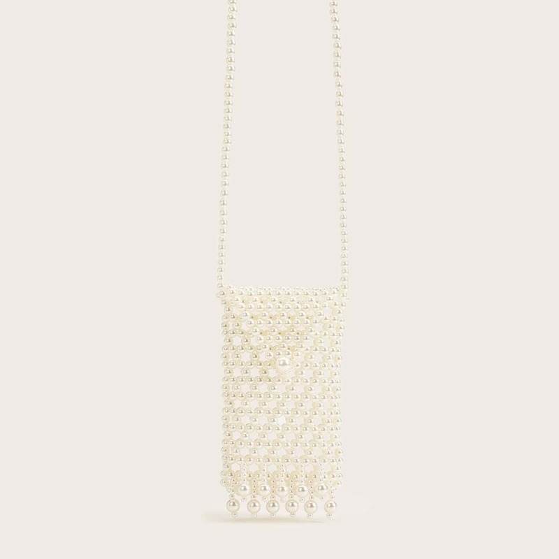 

Faux Pearl Beaded Flap Crossbody Bag, White