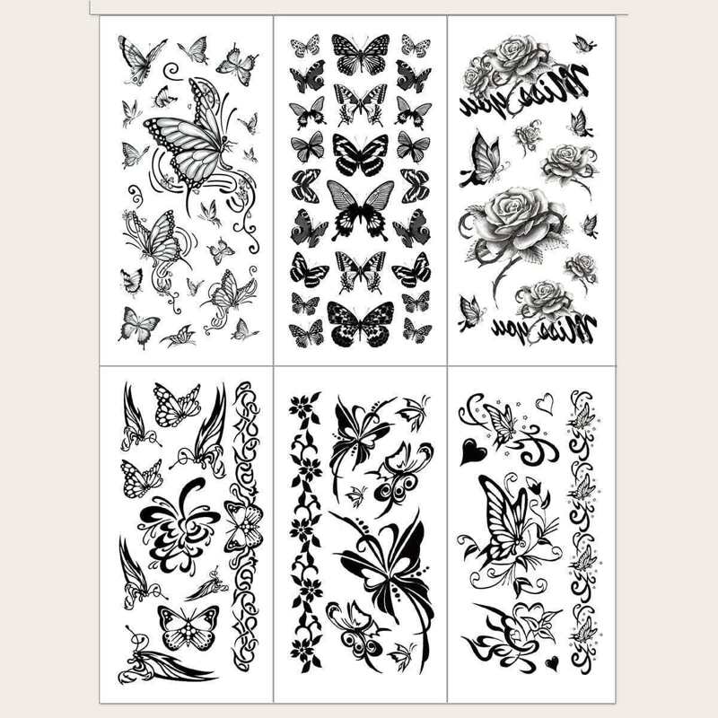 

Butterfly & Flower Pattern Tattoo Sticker 6pcs, Black