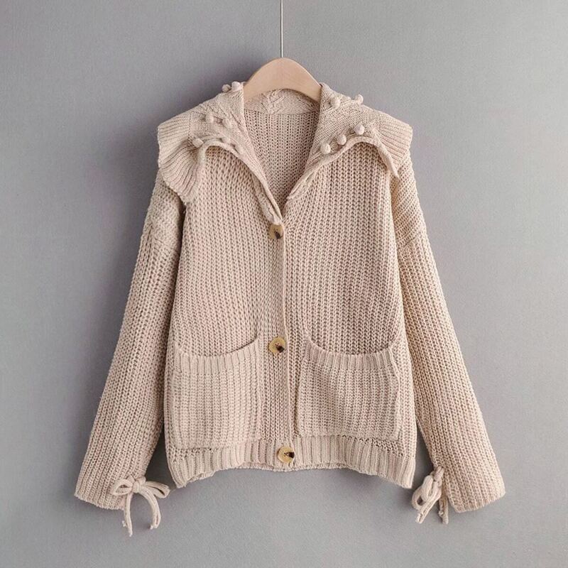 

Pom Pom Tie Sleeve Double Pocket Cardigan, Beige