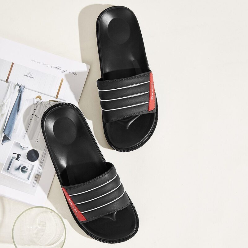 

Guys Open Toe Striped Sliders, Black