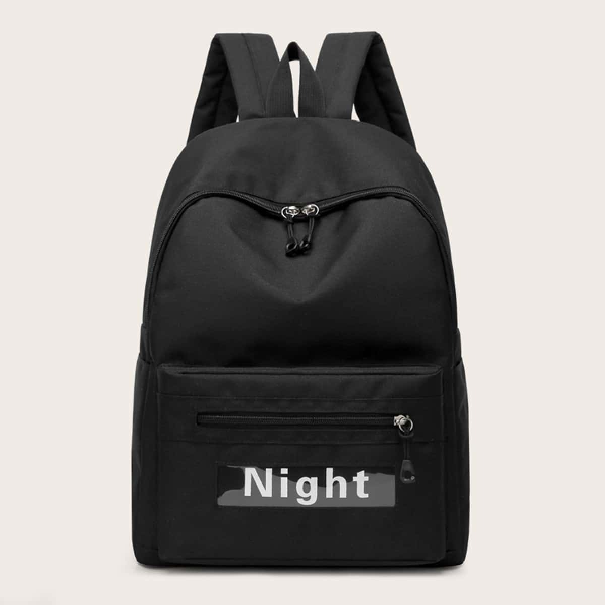 

Letter Print Pocket Front Backpack, Black