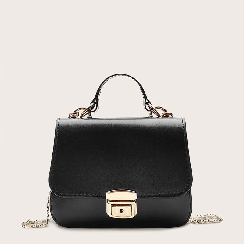 

Metal Decor Satchel Bag With Chain Strap, Black
