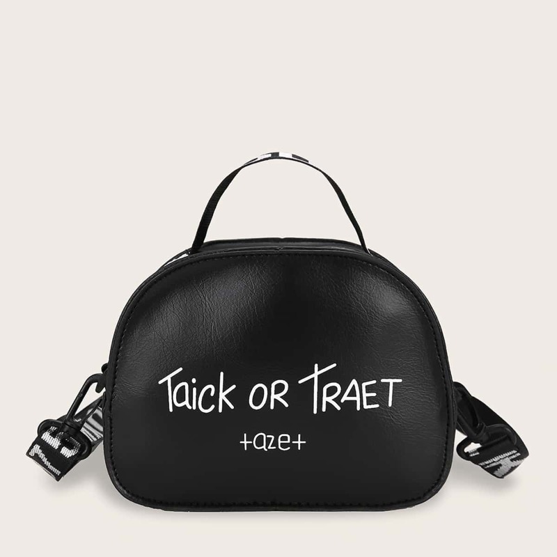 

Slogan Print Satchel Bag, Black