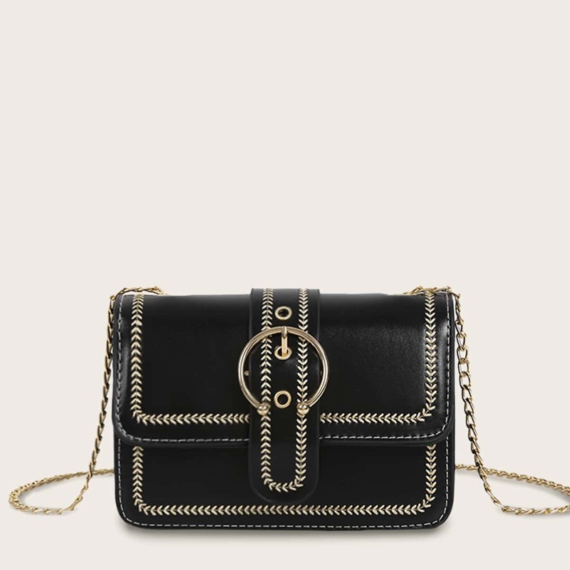 

Buckle Strap Chain Crossbody Bag, Black