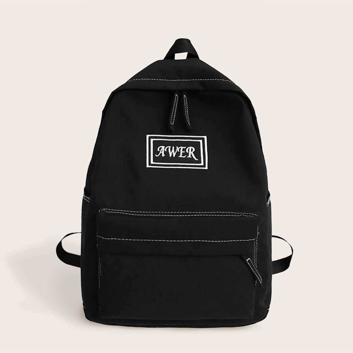 

Letter Embroidered Pocket Front Backpack, Black