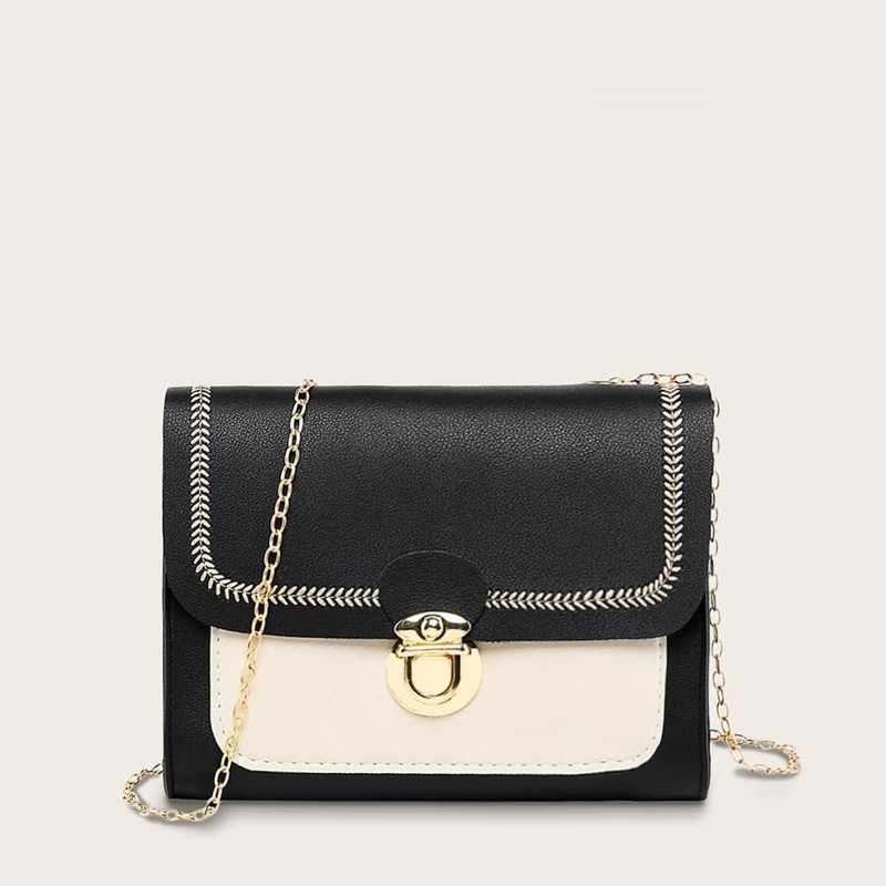 

Two Tone Push Lock Chain Bag, Multicolor