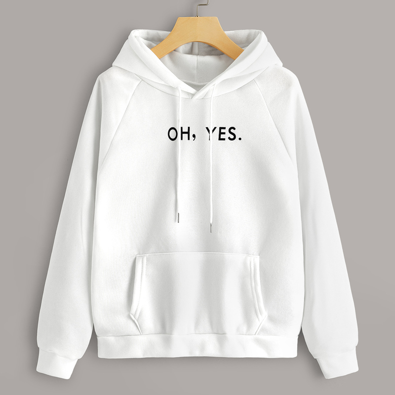 

Slogan Graphic Kangaroo Pocket Drawstring Hoodie, White